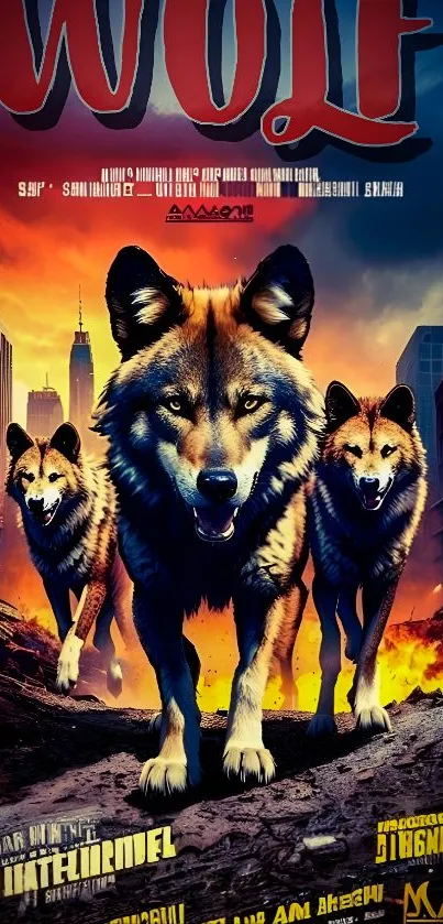 Fierce wolves roaming city streets at sunset in dramatic wallpaper.