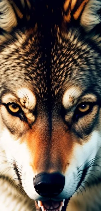 Close-up of a fierce wolf face on a mobile wallpaper.