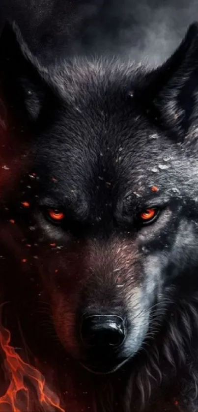 Dark wolf with fiery eyes, captivating phone wallpaper.