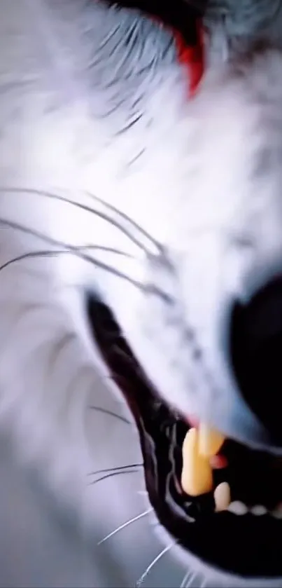 Close-up of a fierce snarling wolf with a white fur coat.