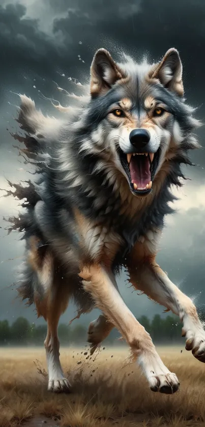 Fierce wolf running through stormy landscape.