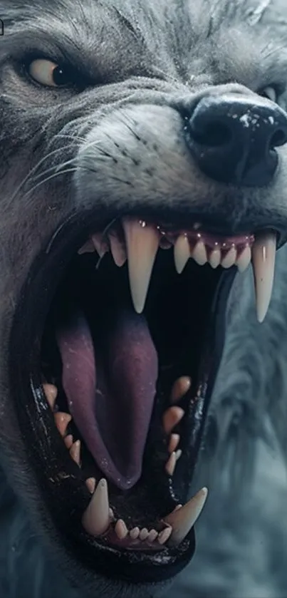 Fierce wolf with bared teeth in a stunning mobile wallpaper.