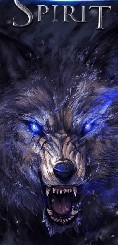 Fierce wolf spirit with glowing blue eyes.