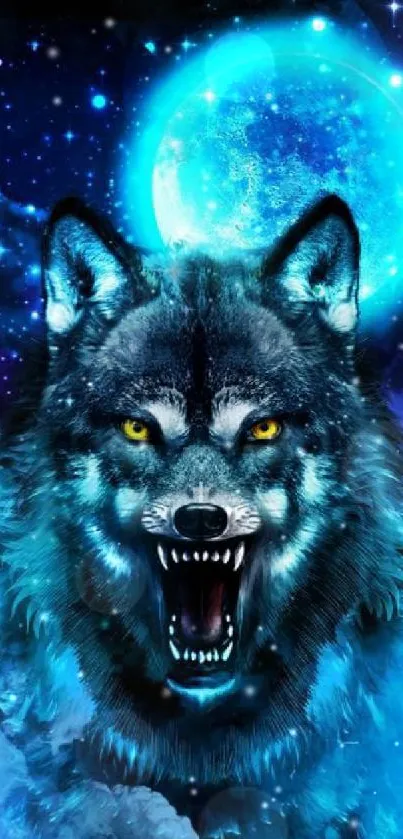 Fierce wolf snarling under a glowing blue moon.