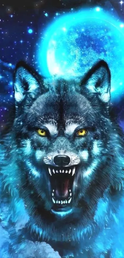 Fierce wolf under a glowing blue moon in nighttime artwork.