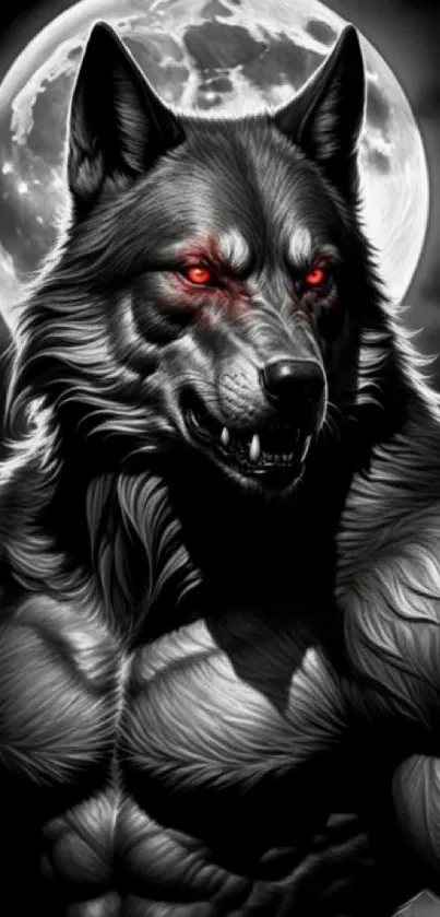 A fierce wolf with red eyes under a full moon.