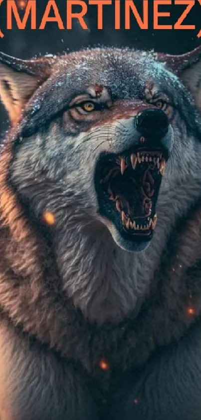 Fierce wolf with open mouth and intense gaze in a dynamic pose, accentuated by fiery orange glow.