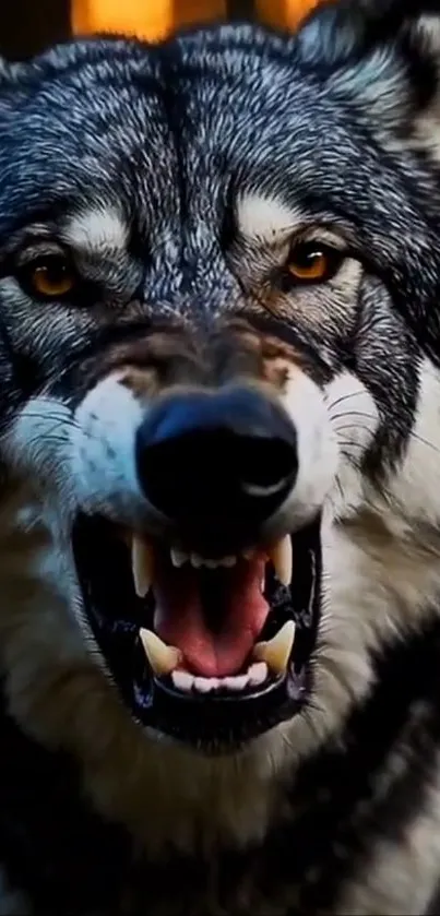 Fierce wolf showing its teeth closely.