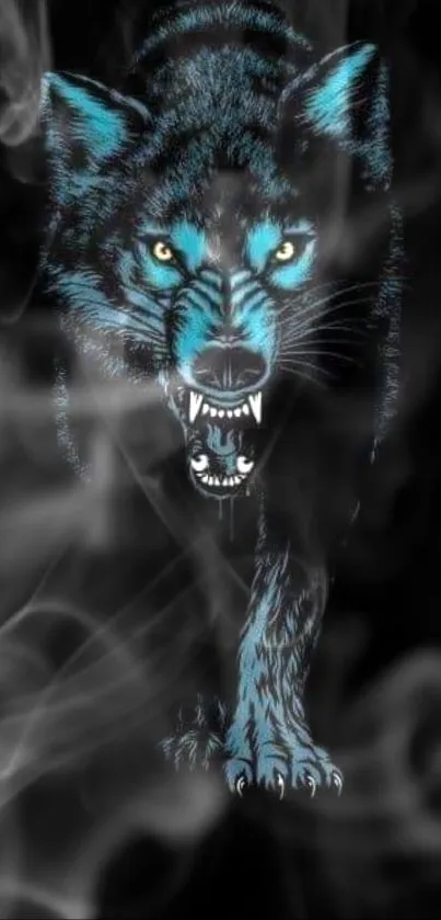 Fierce blue wolf in dramatic smoke design wallpaper.