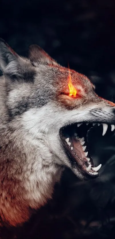 Fierce wolf with fiery eyes in dark forest wallpaper.