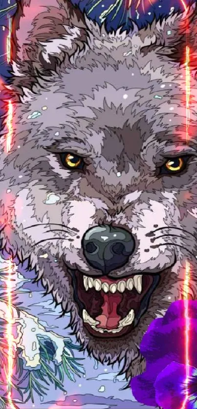 Animated wolf in winter forest wallpaper with vibrant colors and snowy background.