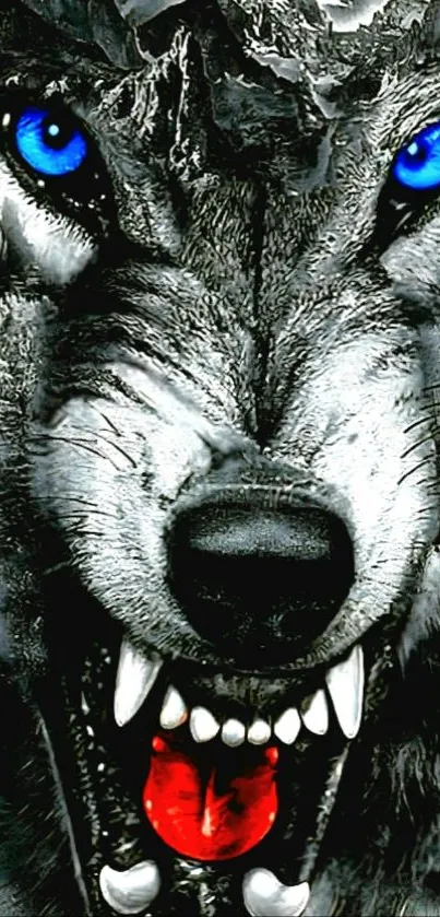 Fierce wolf with blue eyes and red tongue artwork.
