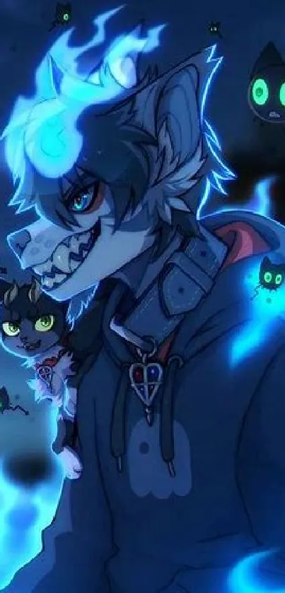 Fierce wolf surrounded by glowing cats in blue flames on mobile wallpaper.