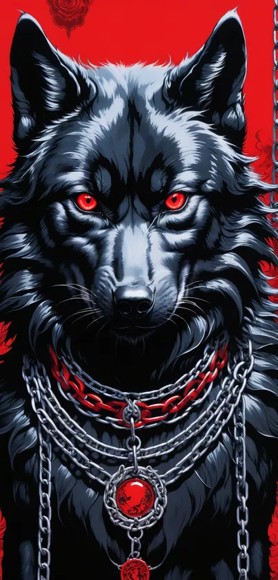 Fierce black wolf with red eyes and chains on a red background wallpaper.