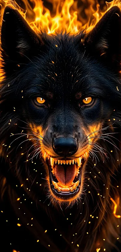 Fierce black wolf with fiery aura and glowing eyes.