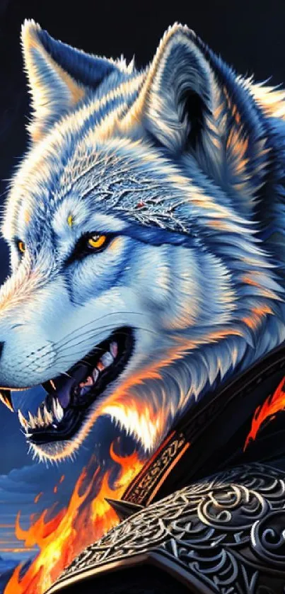 Fierce wolf in flames with intricate armor, digital art.