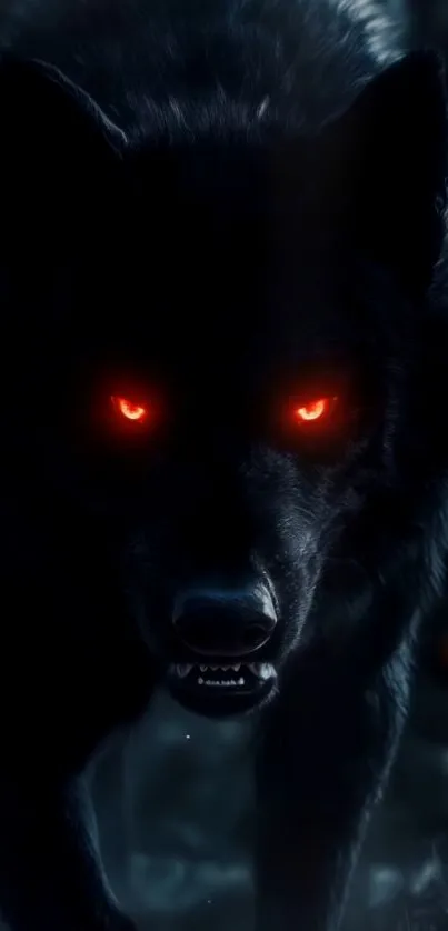 Fierce black wolf with glowing red eyes in the dark.
