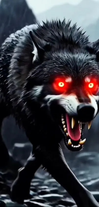 Fierce wolf with glowing red eyes in dark scenery.