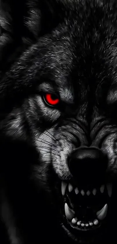 Dark fierce wolf with glowing red eyes.