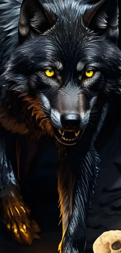 A fierce wolf with yellow eyes in a dark setting.