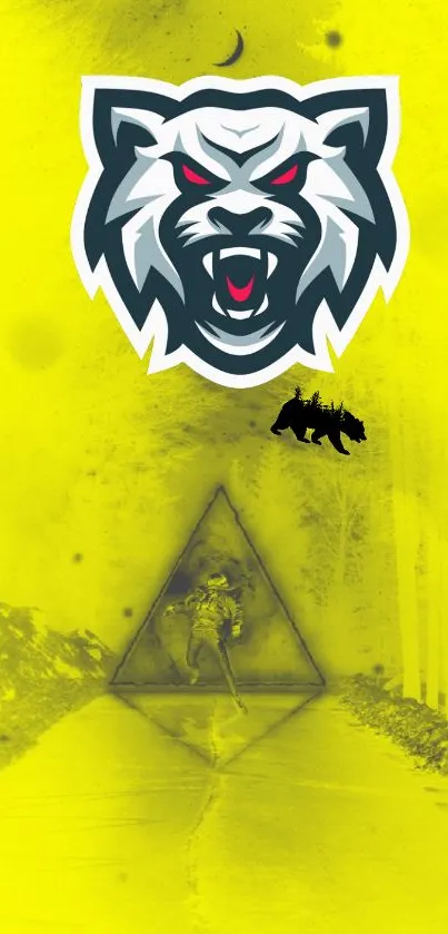 Fierce wolf design on bold yellow background wallpaper.