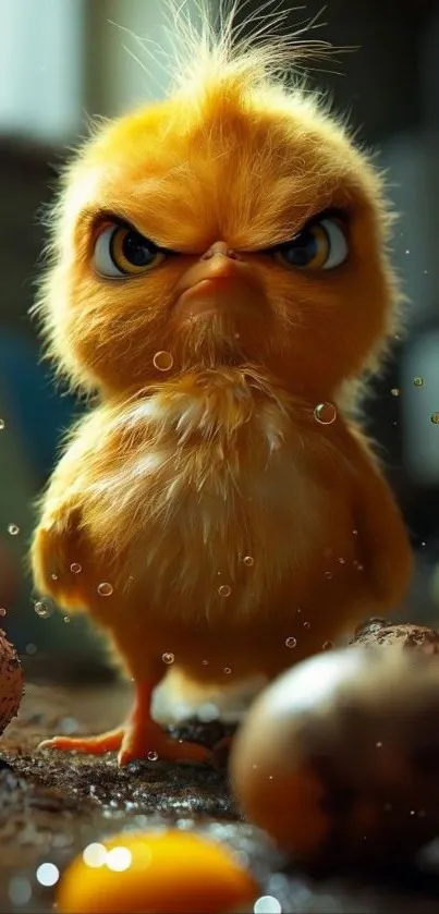 Cute angry chick surrounded by eggs.