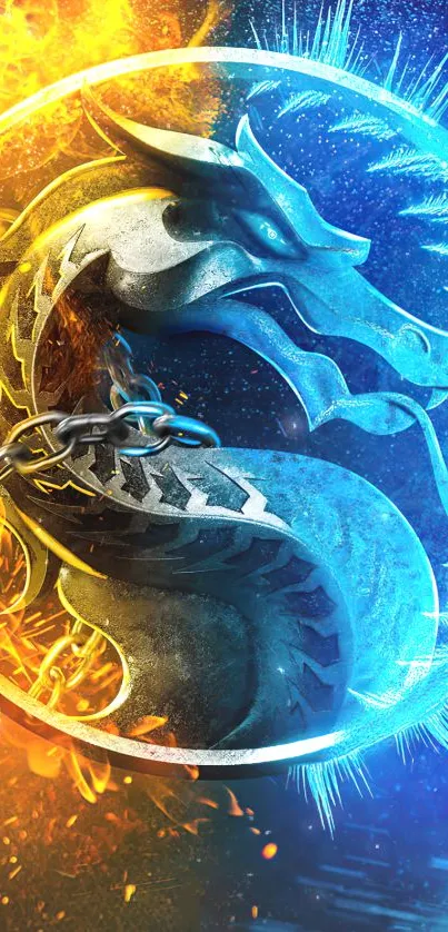 Blue dragon with fire and ice elements on phone wallpaper.