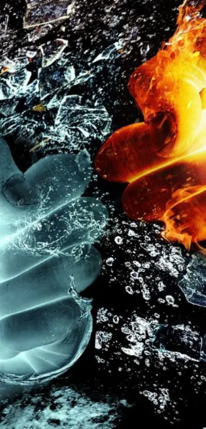 Dynamic clash of fire and ice on a black background.