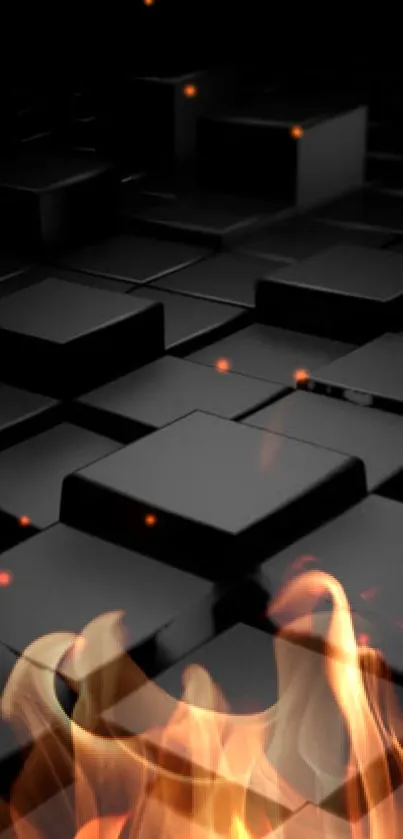 3D black cubes with vibrant orange flames wallpaper.