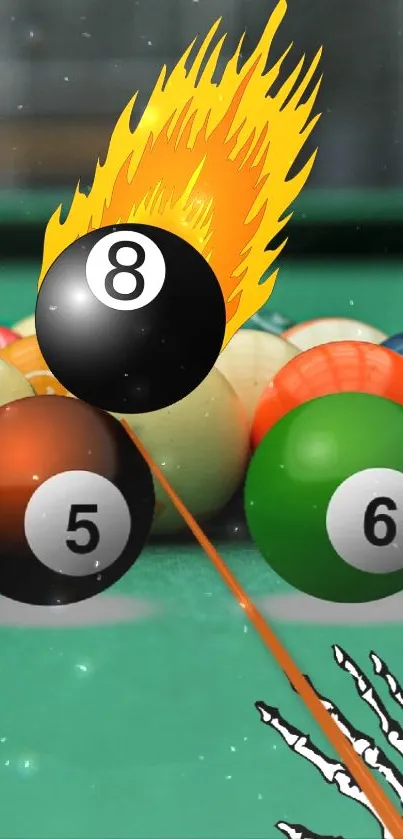 Fiery 8 ball with colorful billiard balls on a pool table.