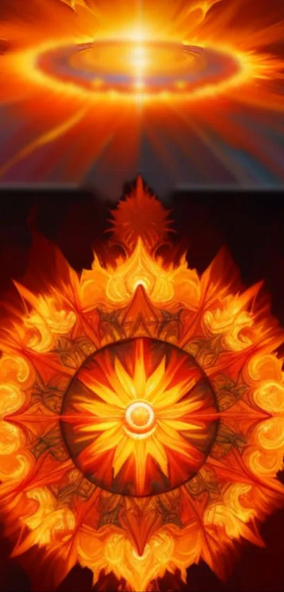 Fiery orange abstract mandala wallpaper for mobile devices.