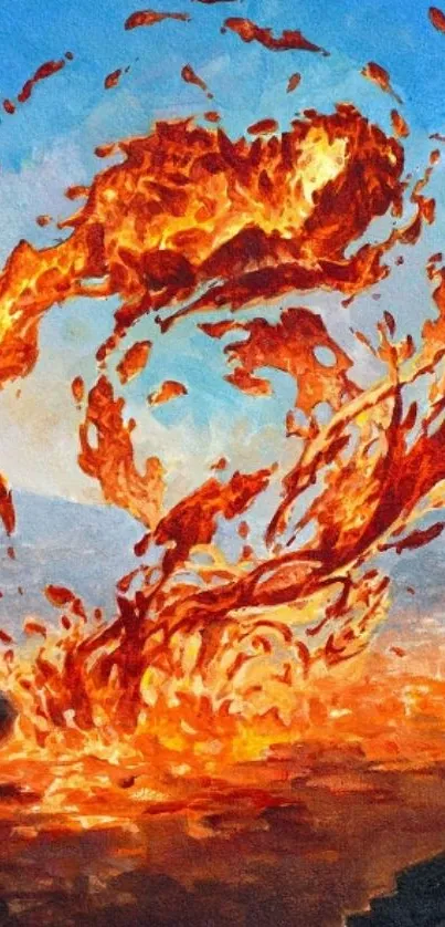 Fiery artistic wallpaper with dancing flames against a bright blue sky.