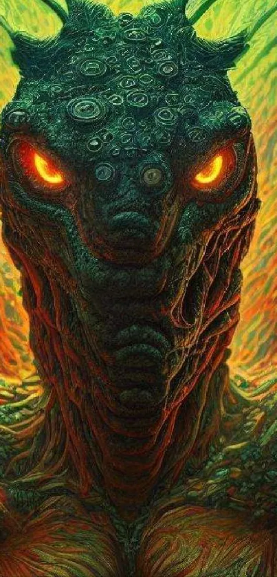 Fiery abstract creature with glowing eyes in vibrant colors.