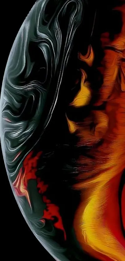 Fiery abstract mobile wallpaper with red and orange swirls on black background.