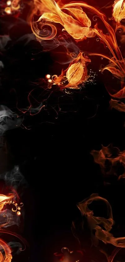 Fiery abstract wallpaper with orange flames on black.