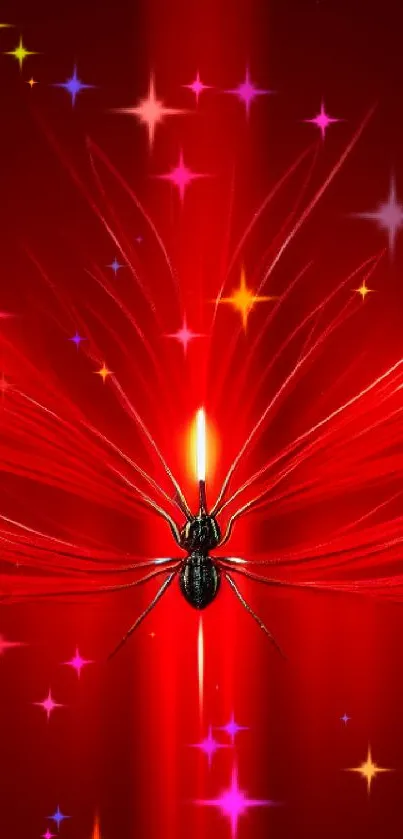 Bold abstract spider with red wings on a vibrant fiery background.