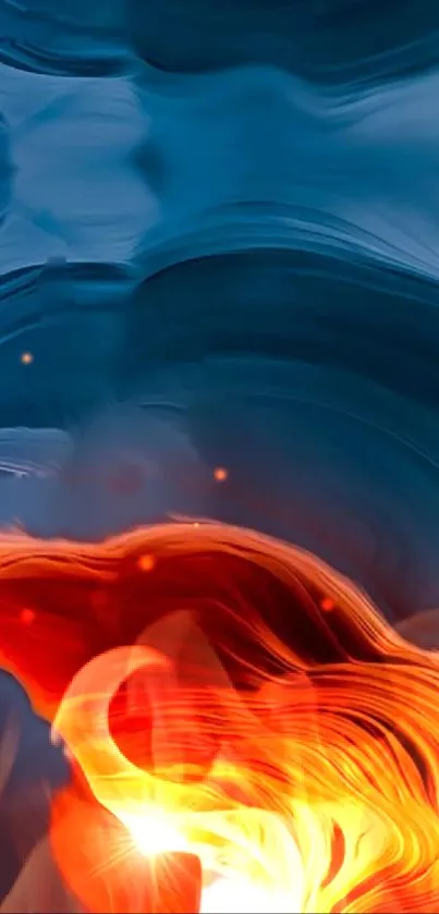 Abstract wallpaper with fiery orange and blue waves.