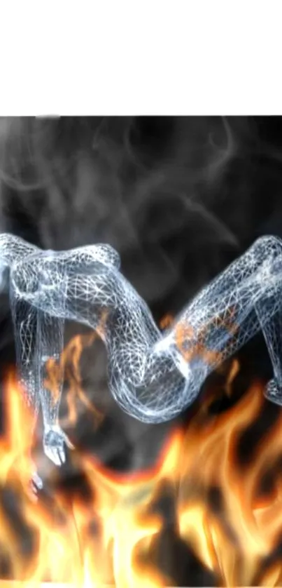 Abstract wireframe figure surrounded by dynamic flames.