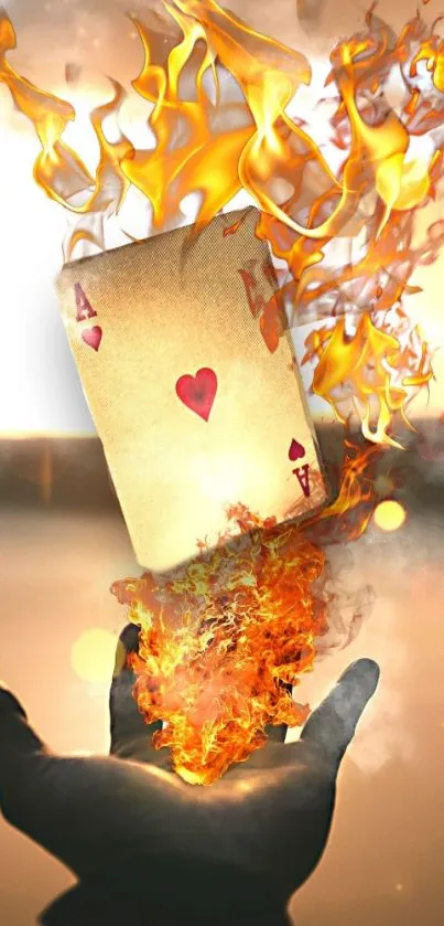 Hand holding fiery ace card with flames rising.