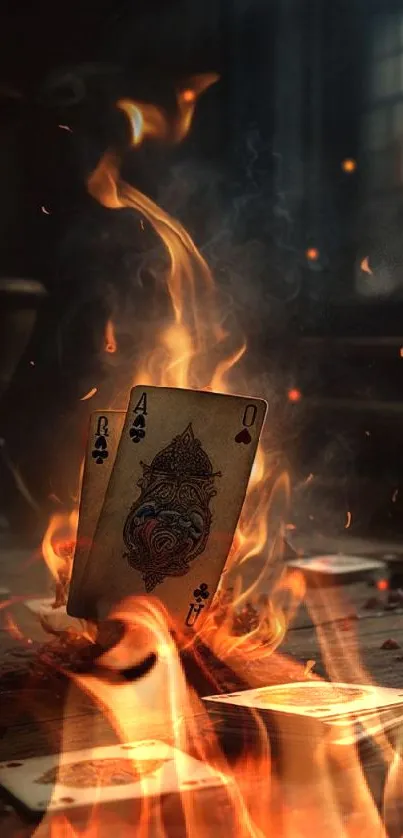 Burning Ace of Clubs card with flames on a wooden surface.