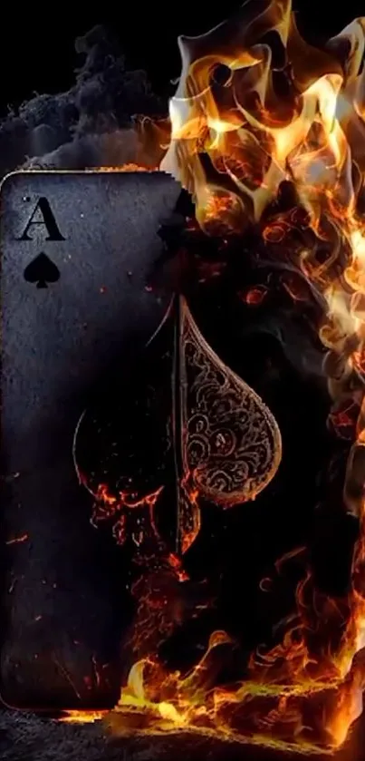 Fiery Ace of Spades engulfed in dramatic flames for mobile wallpaper.
