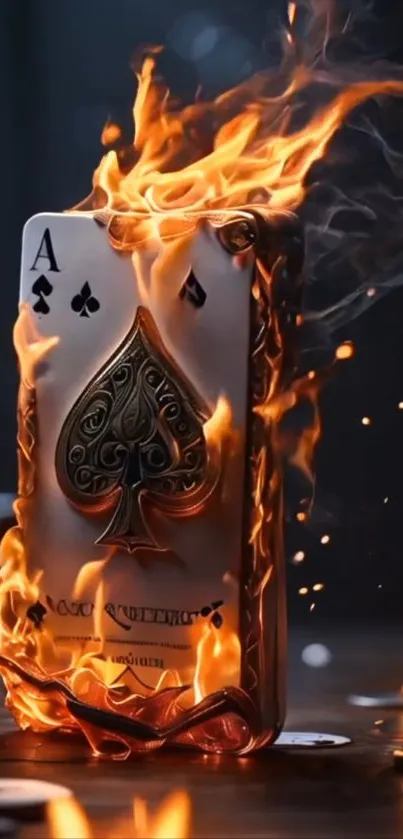 Ace of Spades card engulfed in flames for a dynamic wallpaper design.