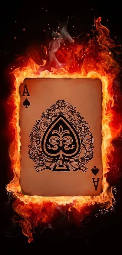 Flaming Ace of Spades on black background, exudes fiery elegance.
