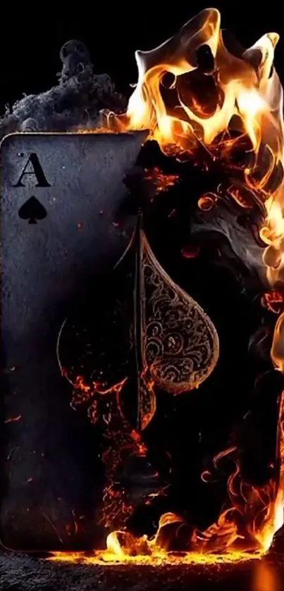 Ace of Spades card surrounded by intense flames on a dark background.