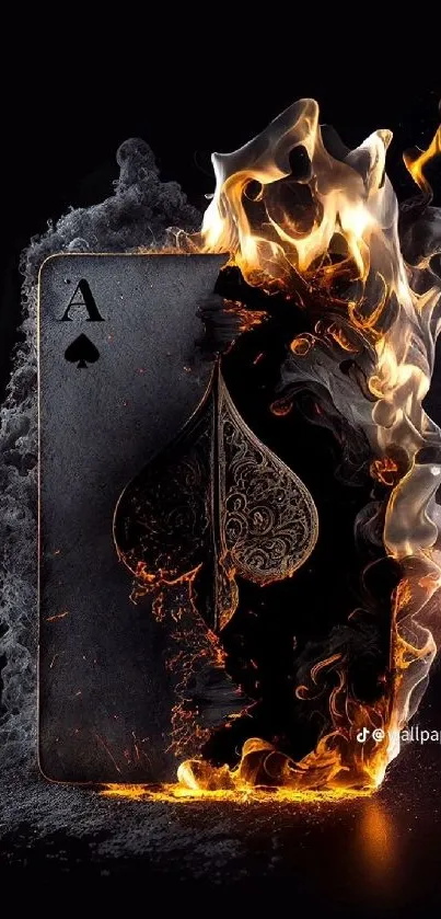 Fiery Ace of Spades card surrounded by dramatic flames and smoke.