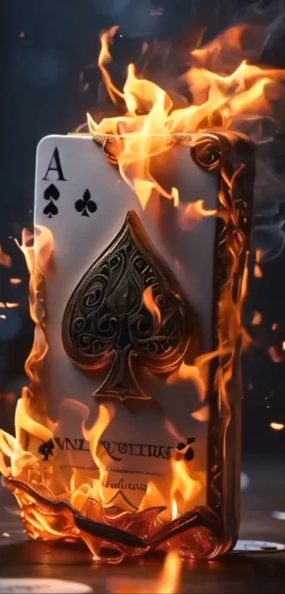 Ace of spades card engulfed in vibrant flames.