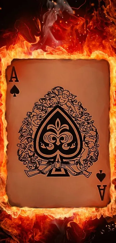 Fiery Ace of Spades card with intricate design surrounded by flames.