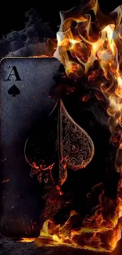 Fiery playing card wallpaper with dramatic flames engulfing an ace of spades.