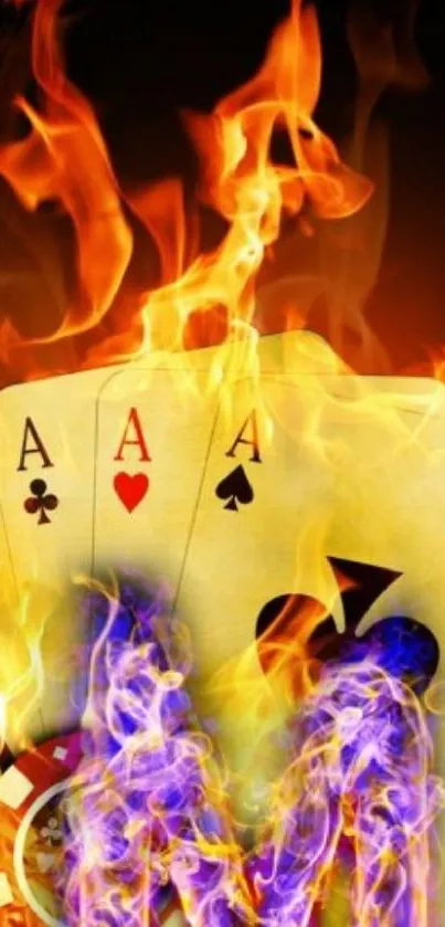 Aces playing cards engulfed in vibrant flames.