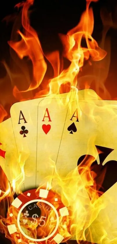 Four aces and poker chip surrounded by flames, dynamic mobile wallpaper.